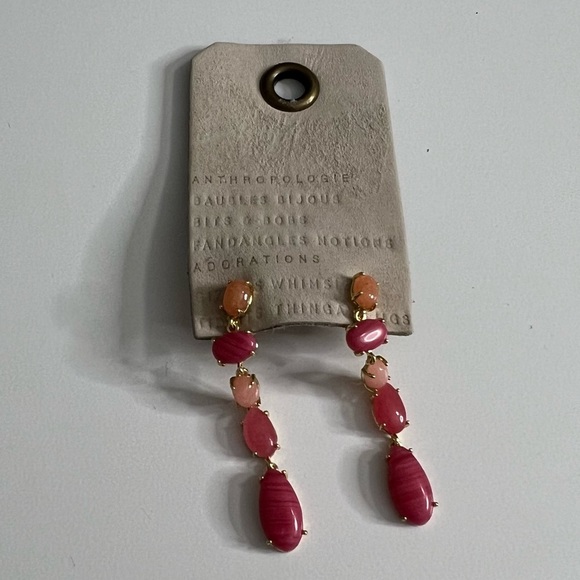NWT ANTHROPOLOGIE Stone Drop Earrings Pink Peach Gold - Picture 3 of 5